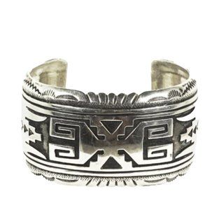 THOMAS SINGER NAVAJO Sterling Silver Rug Pattern Wide Cuff Bracelet 65gr